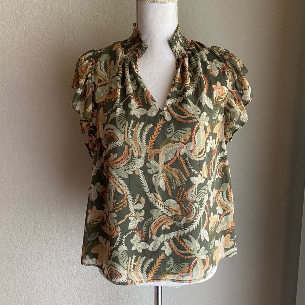 Floral Ruffle Sleeve Blouse - Green and Orange